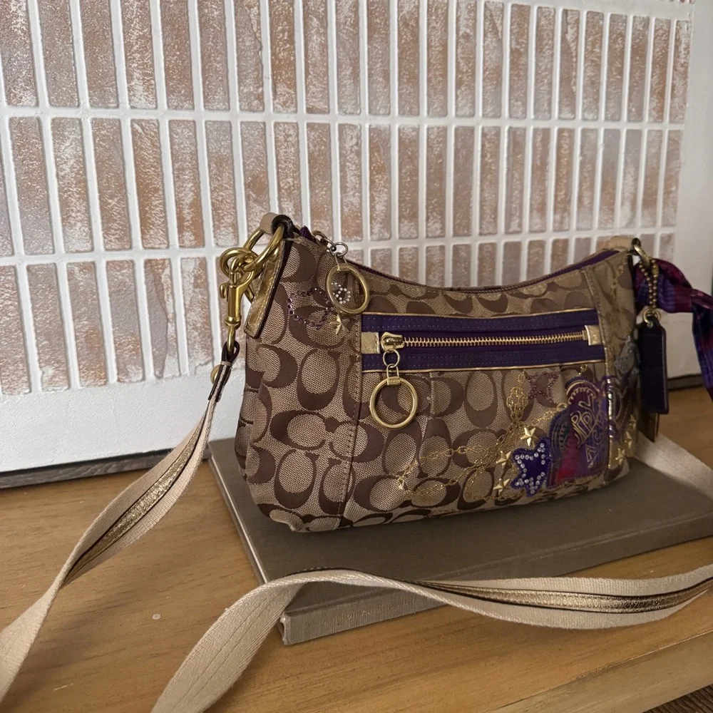 RARE Coach Poppy Tartan Applique Groovy Crossbody Shoulder Bag Brown Monogram - Picture 15 of 16